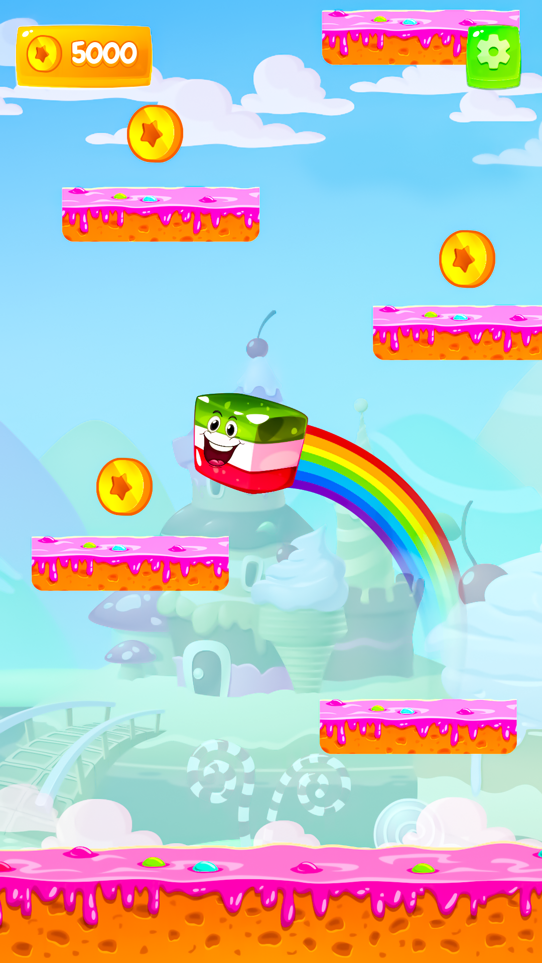 Jelly character jumping through a colorful candy world in Happy Jelly Jump 3D Game
